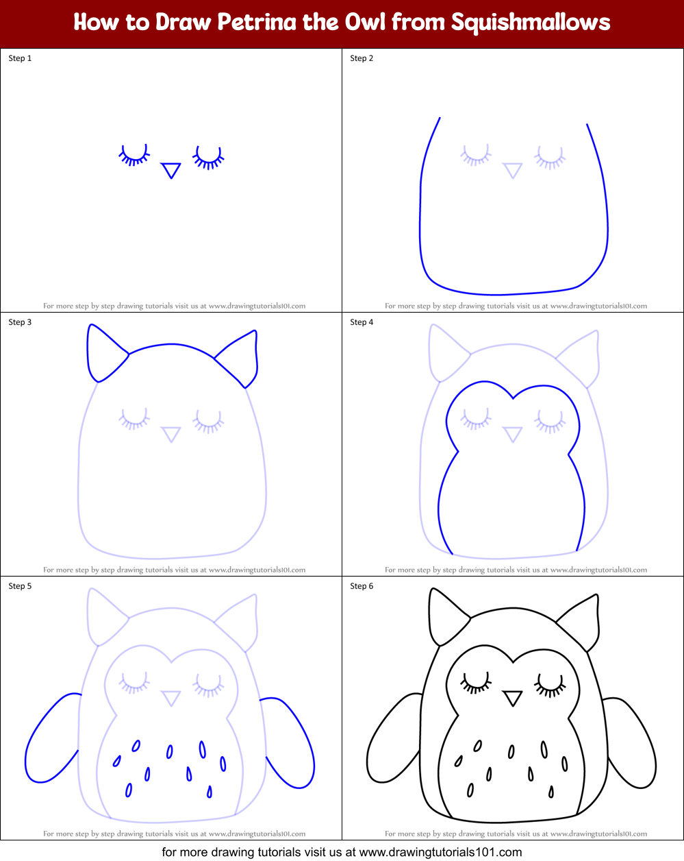 How to Draw Petrina the Owl from Squishmallows Printable Step by Step