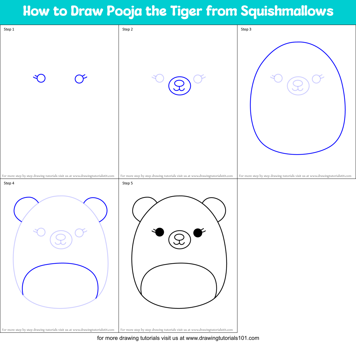 How to Draw Pooja the Tiger from Squishmallows Printable Step by Step