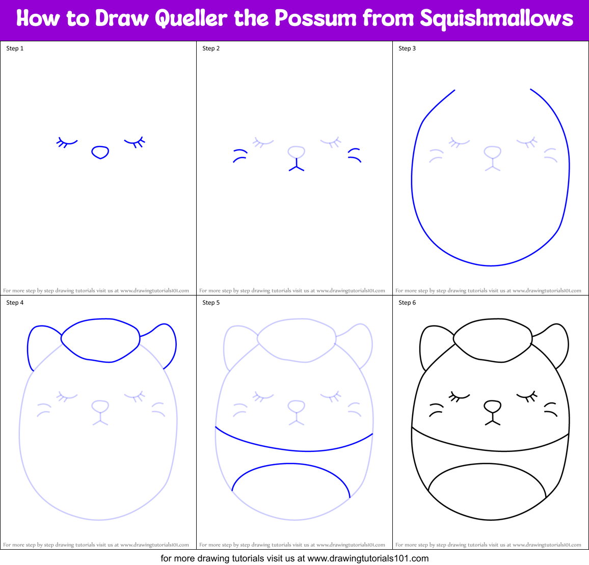 How to Draw Queller the Possum from Squishmallows Printable Step by Step