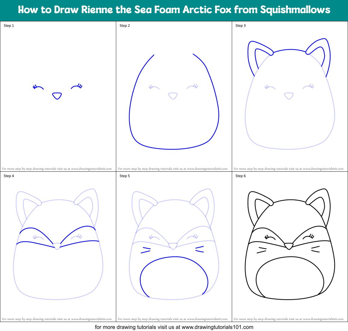 How to Draw Rienne the Sea Foam Arctic Fox from Squishmallows Printable Step by Step