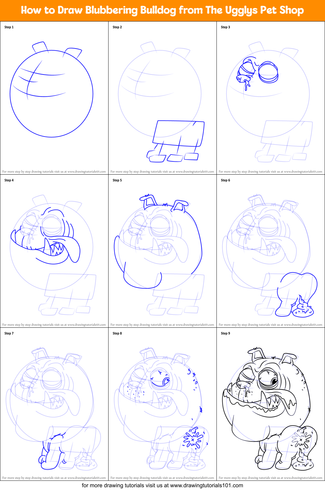 How to Draw Blubbering Bulldog from The Ugglys Pet Shop Printable Step by Step
