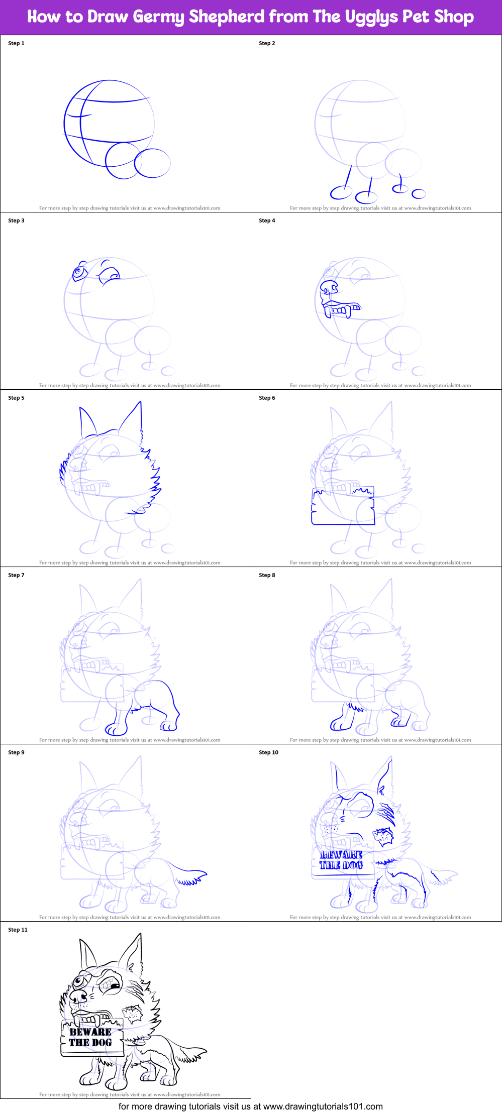 How to Draw Germy Shepherd from The Ugglys Pet Shop Printable Step by Step