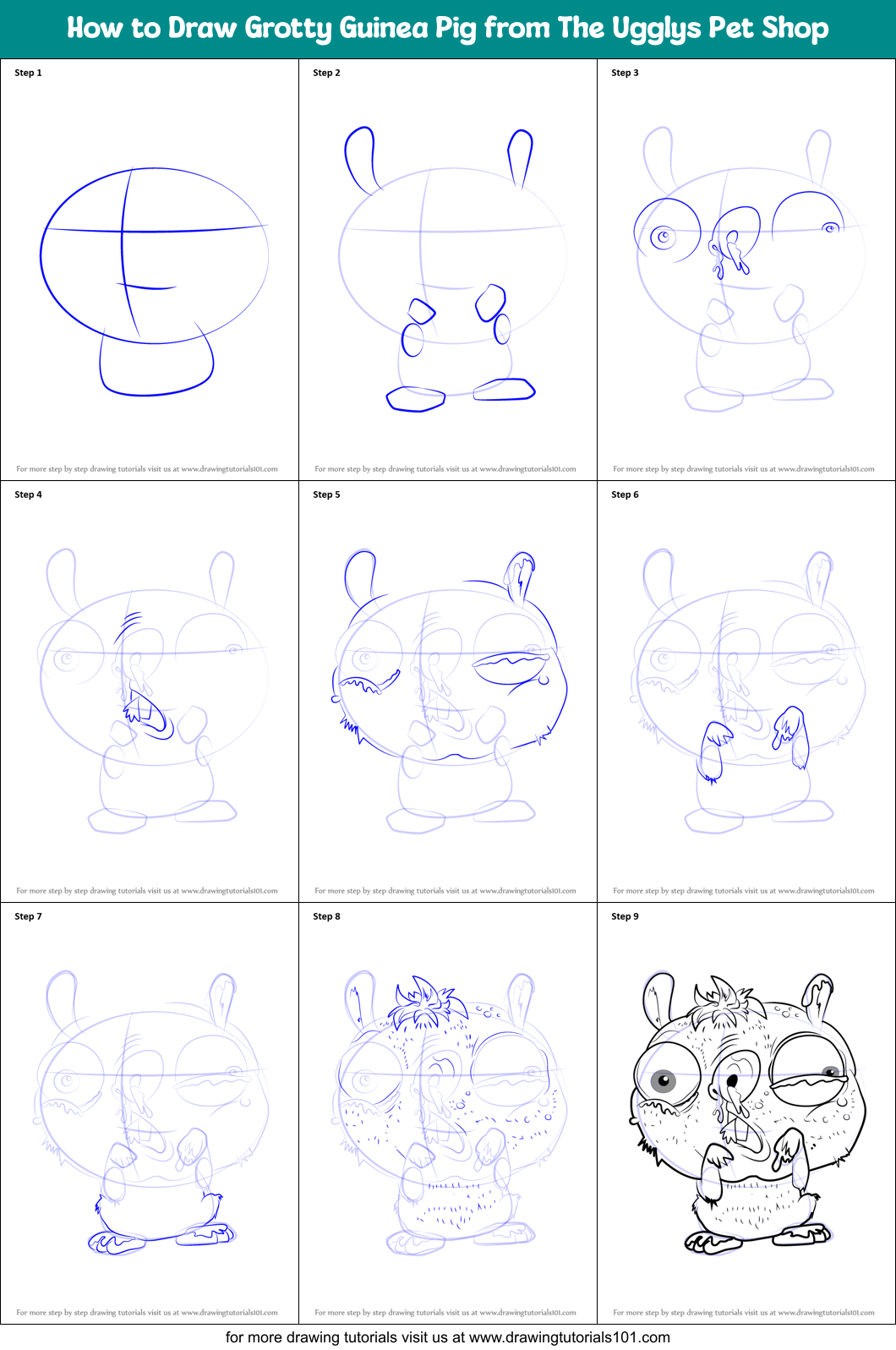 How to Draw Grotty Guinea Pig from The Ugglys Pet Shop Printable Step by Step