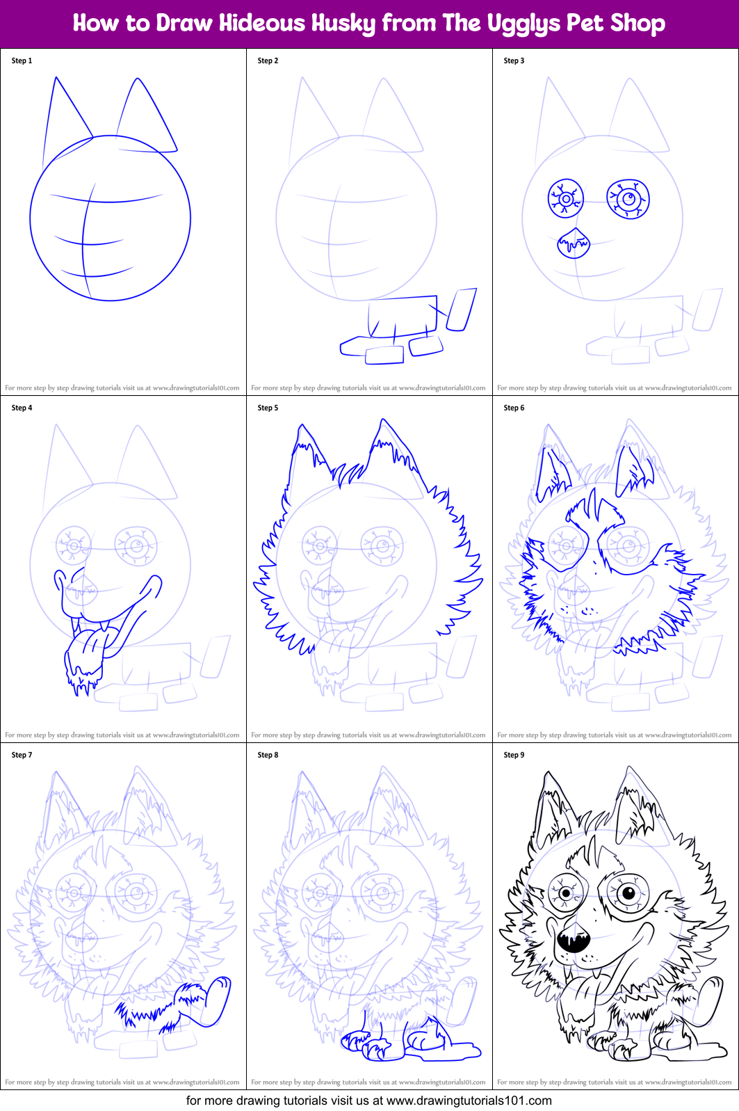 How to Draw Hideous Husky from The Ugglys Pet Shop Printable Step by Step