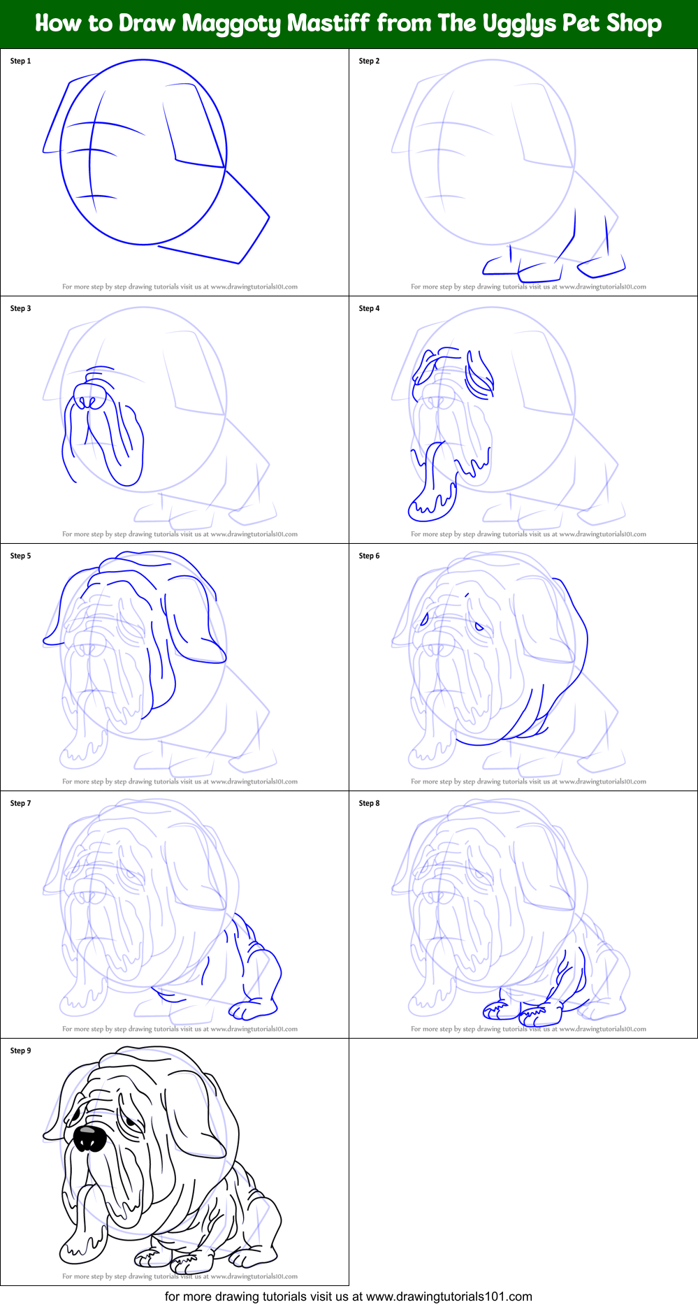 How to Draw Maggoty Mastiff from The Ugglys Pet Shop Printable Step by Step