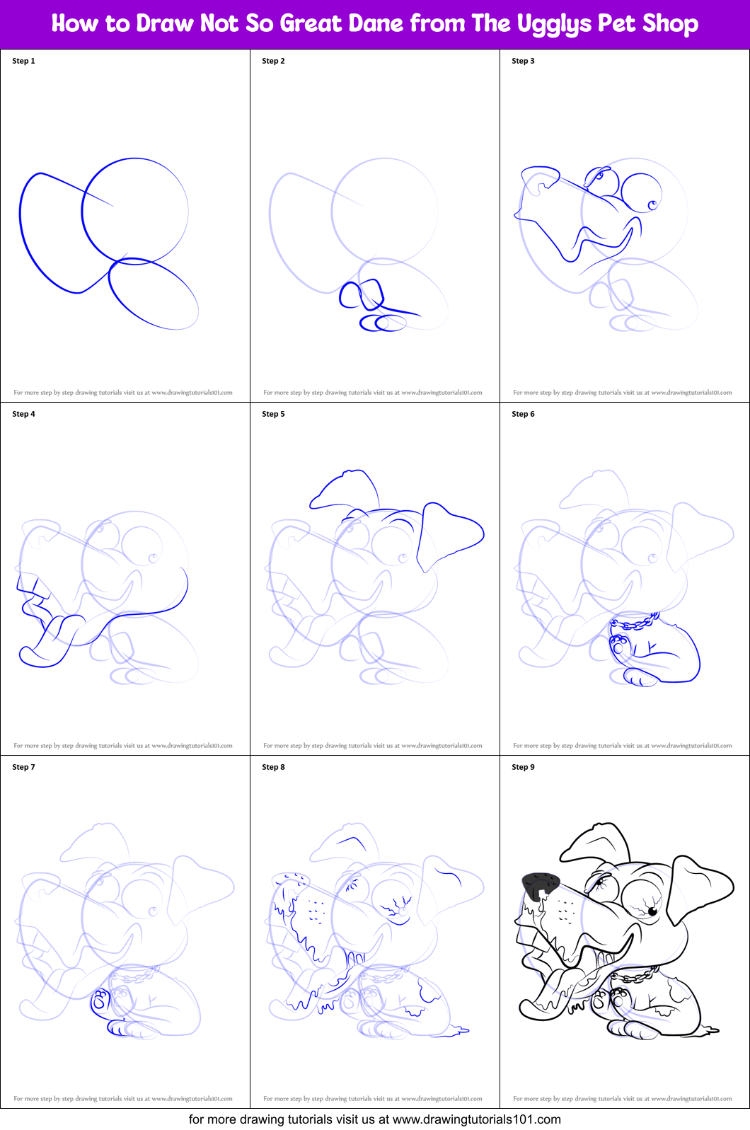 How to Draw Not So Great Dane from The Ugglys Pet Shop Printable Step by Step