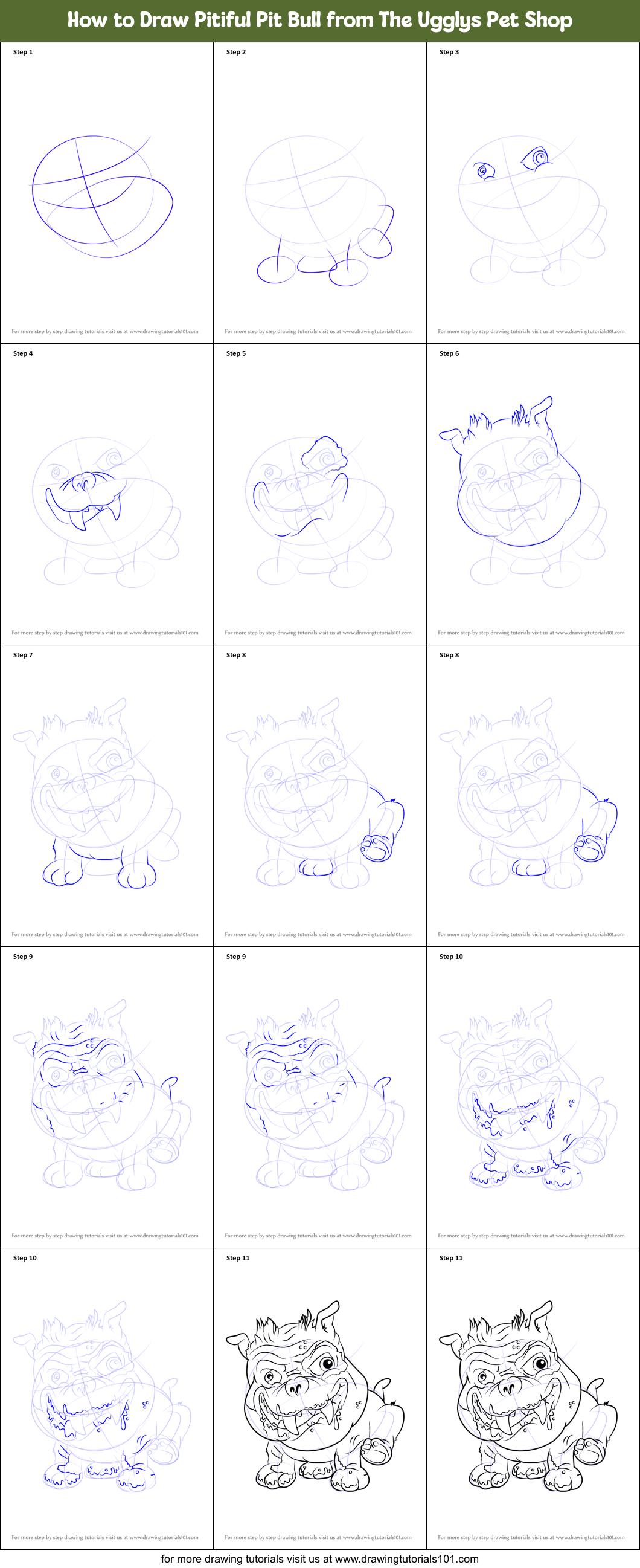 How to Draw Pitiful Pit Bull from The Ugglys Pet Shop Printable Step by Step