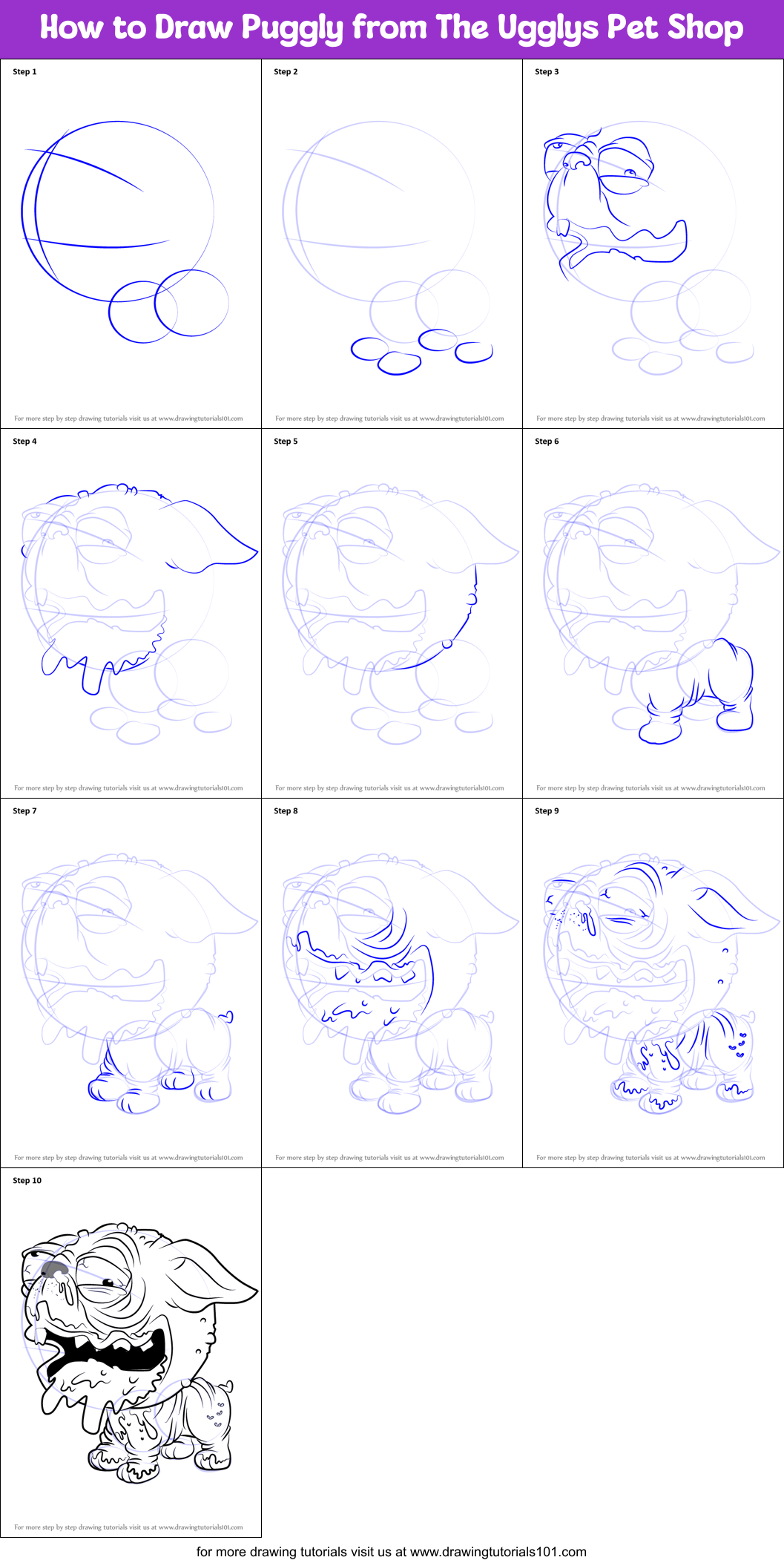 How to Draw Puggly from The Ugglys Pet Shop Printable Step by Step