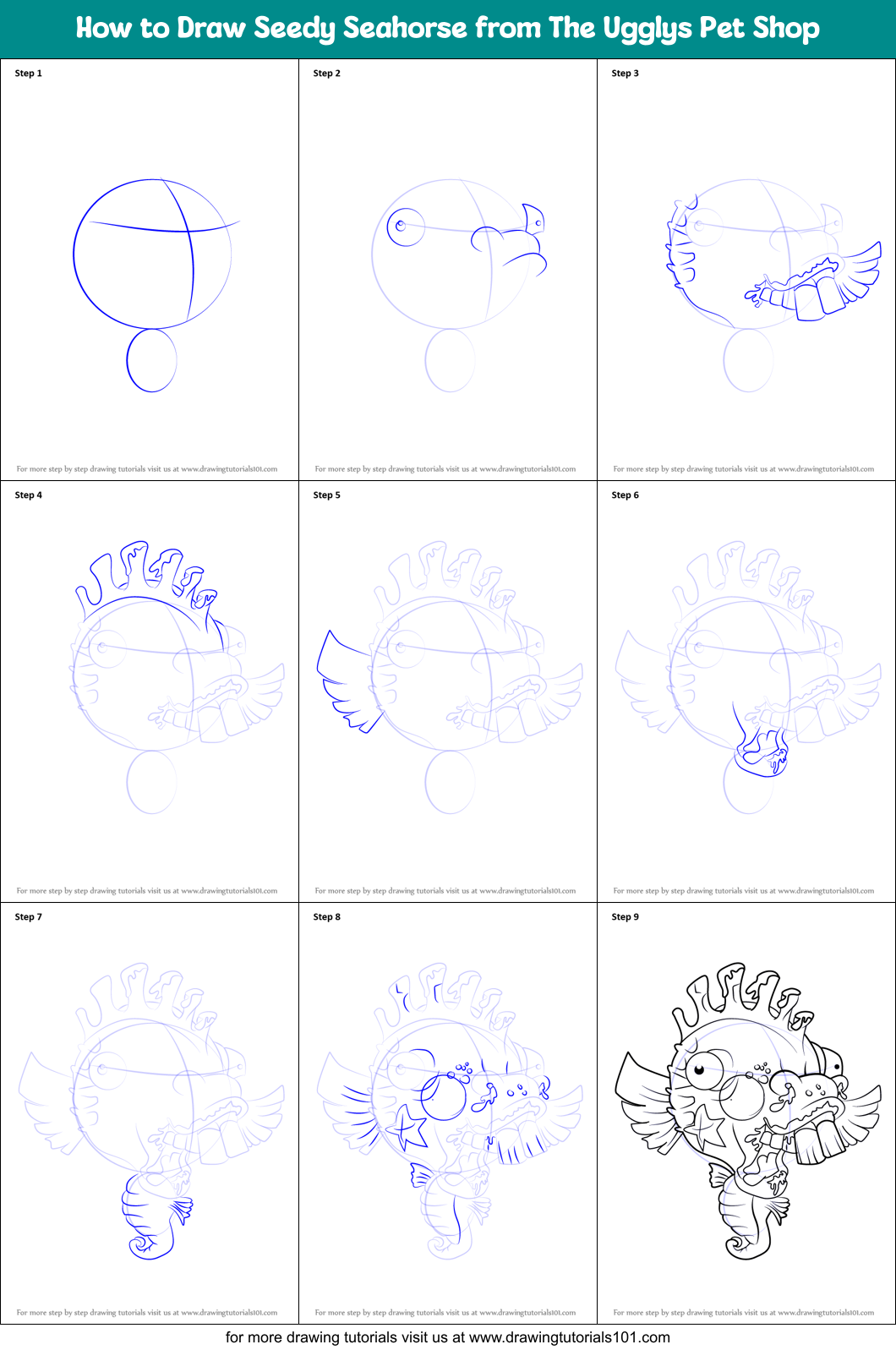 How to Draw Seedy Seahorse from The Ugglys Pet Shop Printable Step by Step
