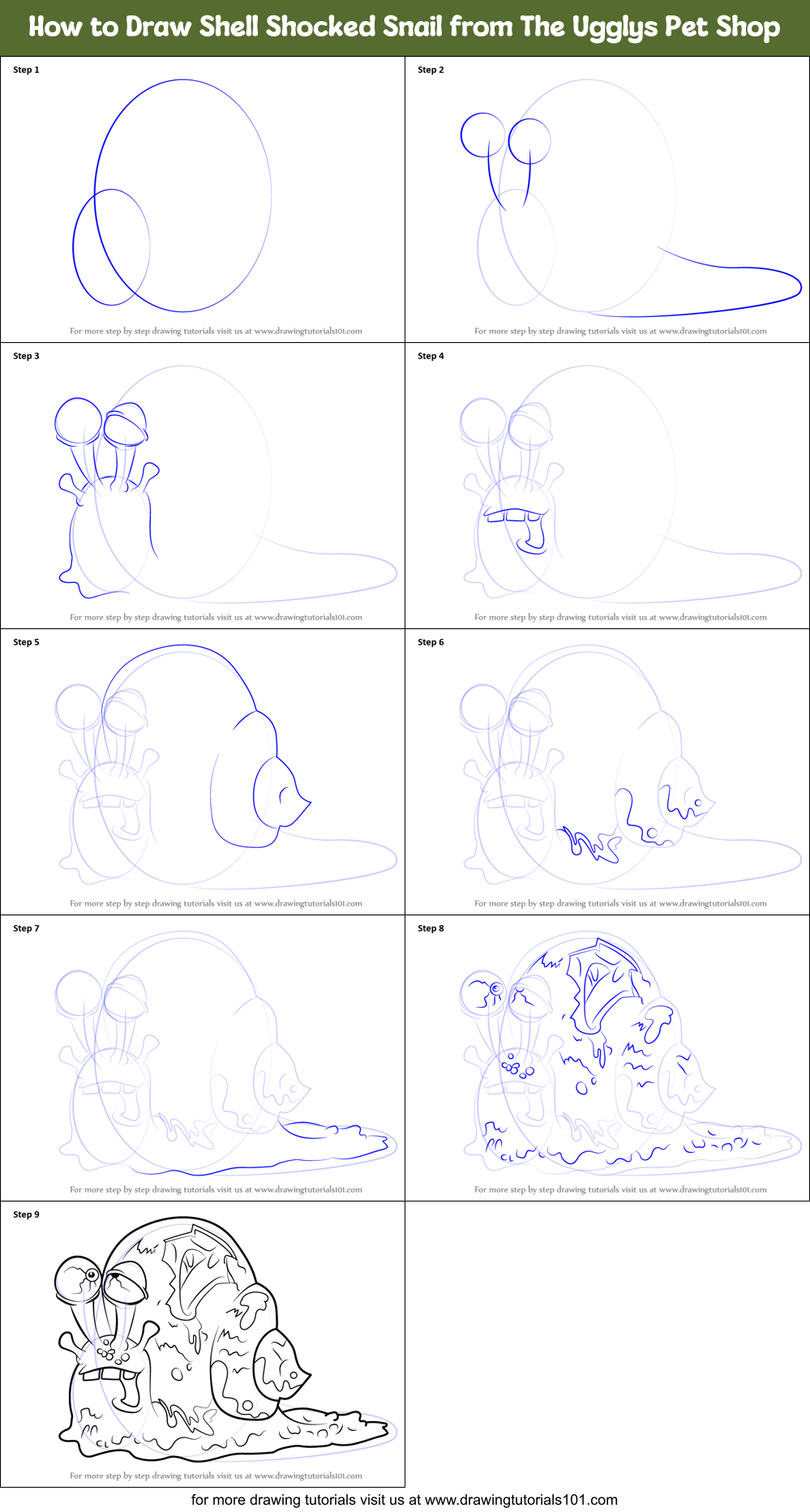 How to Draw Shell Shocked Snail from The Ugglys Pet Shop Printable Step by Step