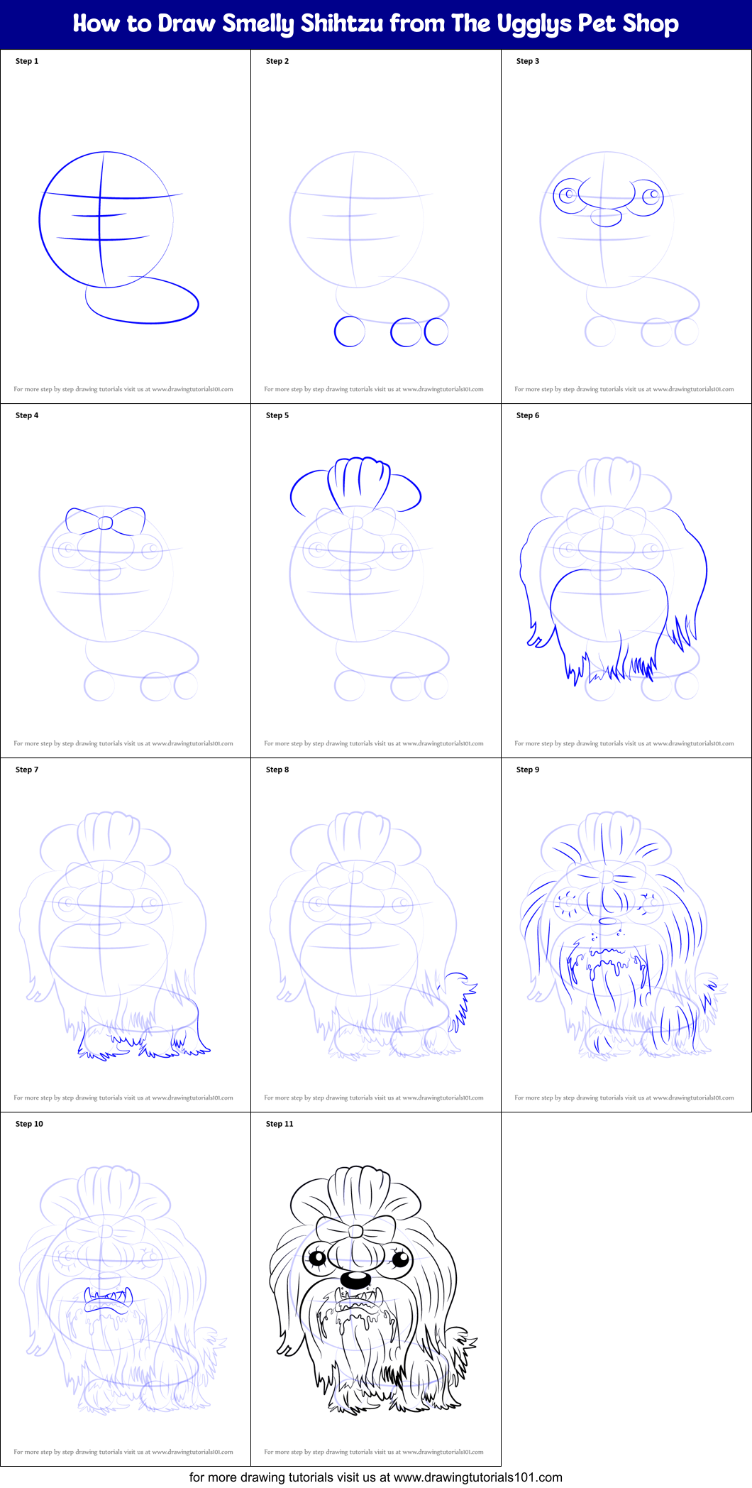 How to Draw Smelly Shihtzu from The Ugglys Pet Shop Printable Step by Step