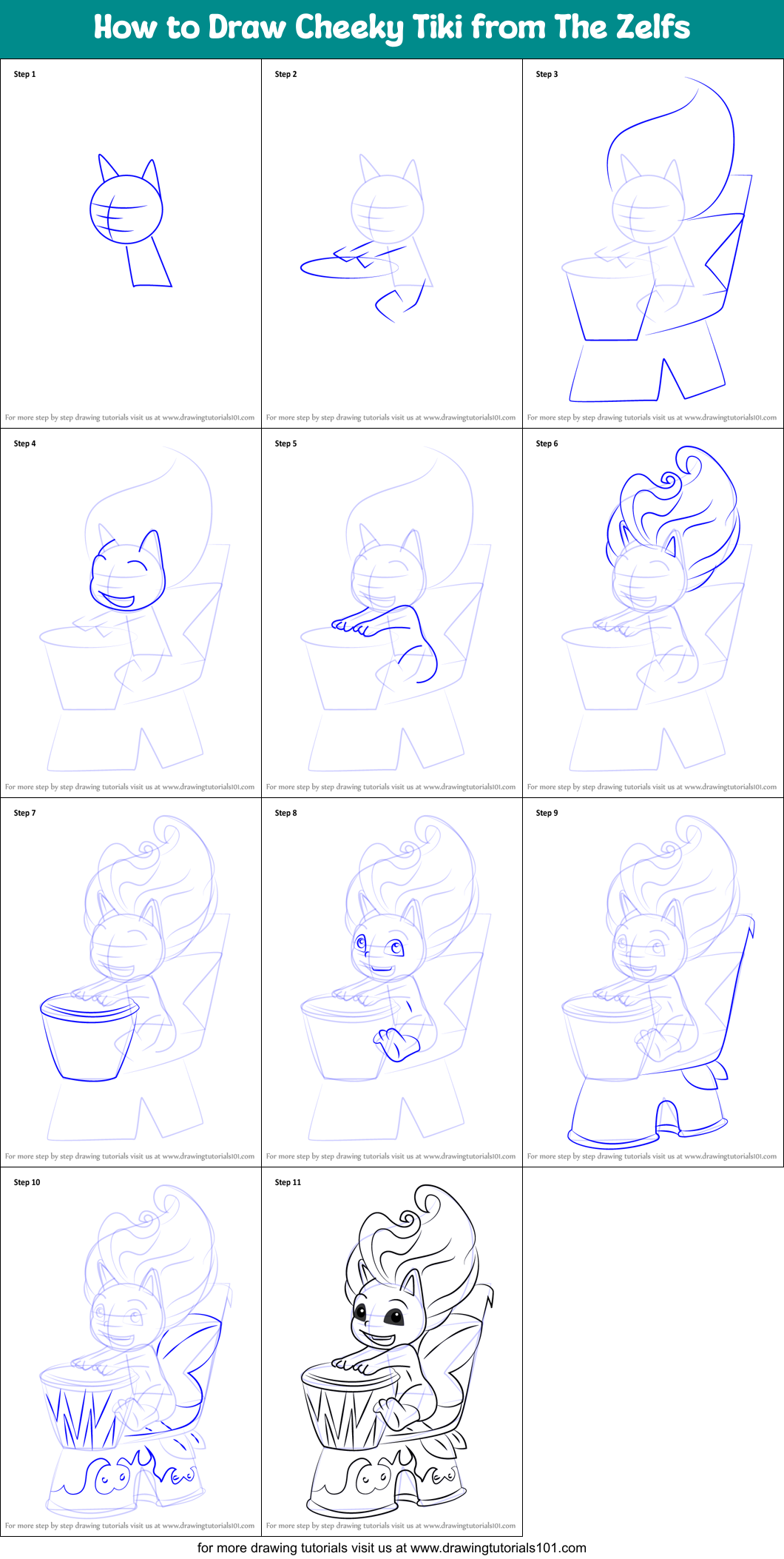 How to Draw Cheeky Tiki from The Zelfs Printable Step by Step