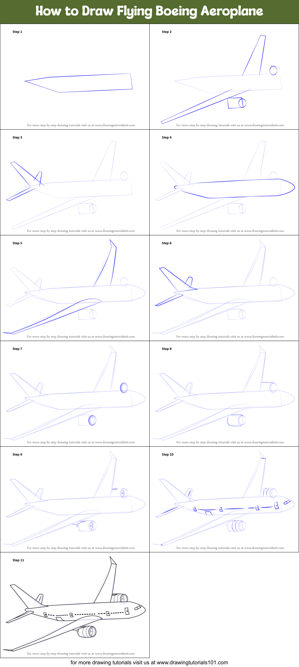 How to Draw Flying Boeing Aeroplane Printable Step by Step