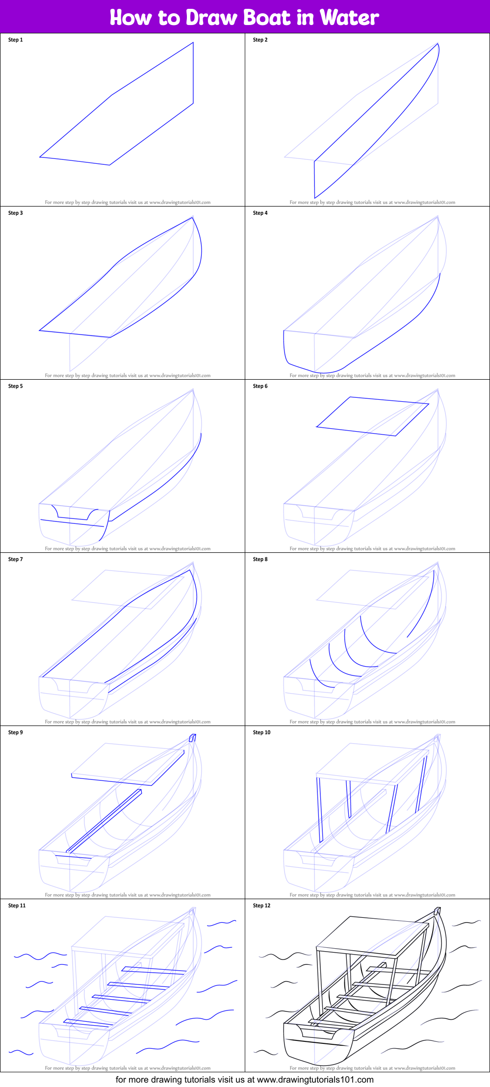 How to Draw Boat in Water printable step by step drawing sheet 