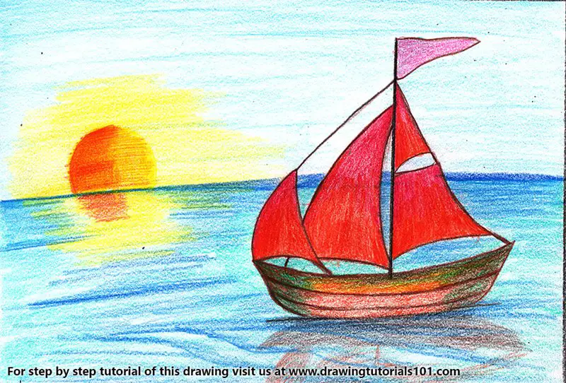 Sailboat on Water Color Pencil Drawing