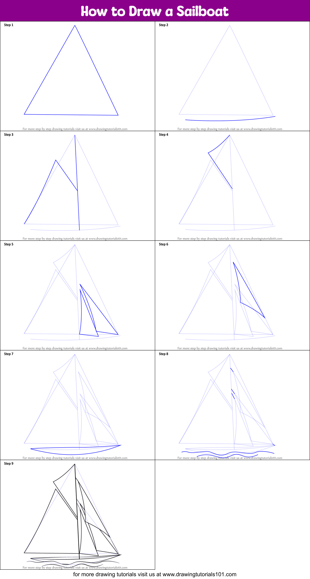 How to Draw a Sailboat printable step by step drawing sheet