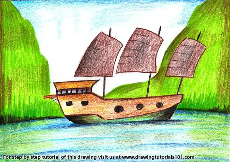 Ship on Lake Color Pencil Drawing