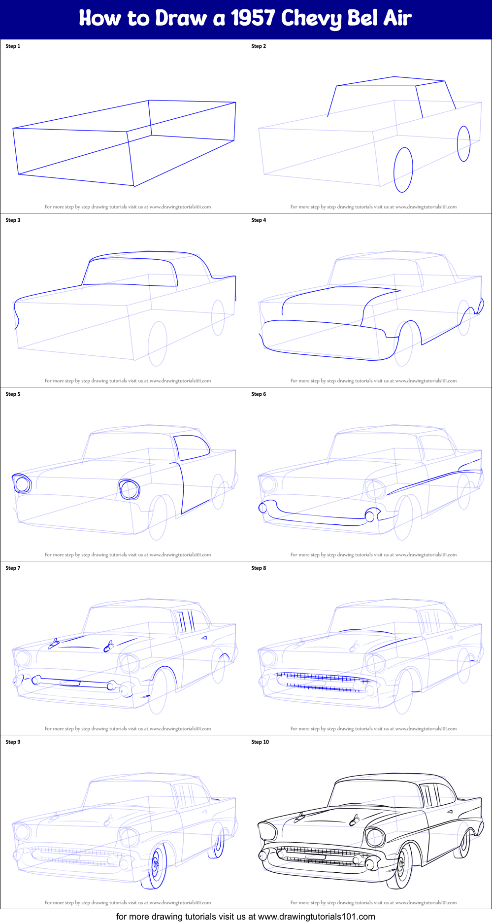 How to Draw a 1957 Chevy Bel Air printable step by step drawing sheet