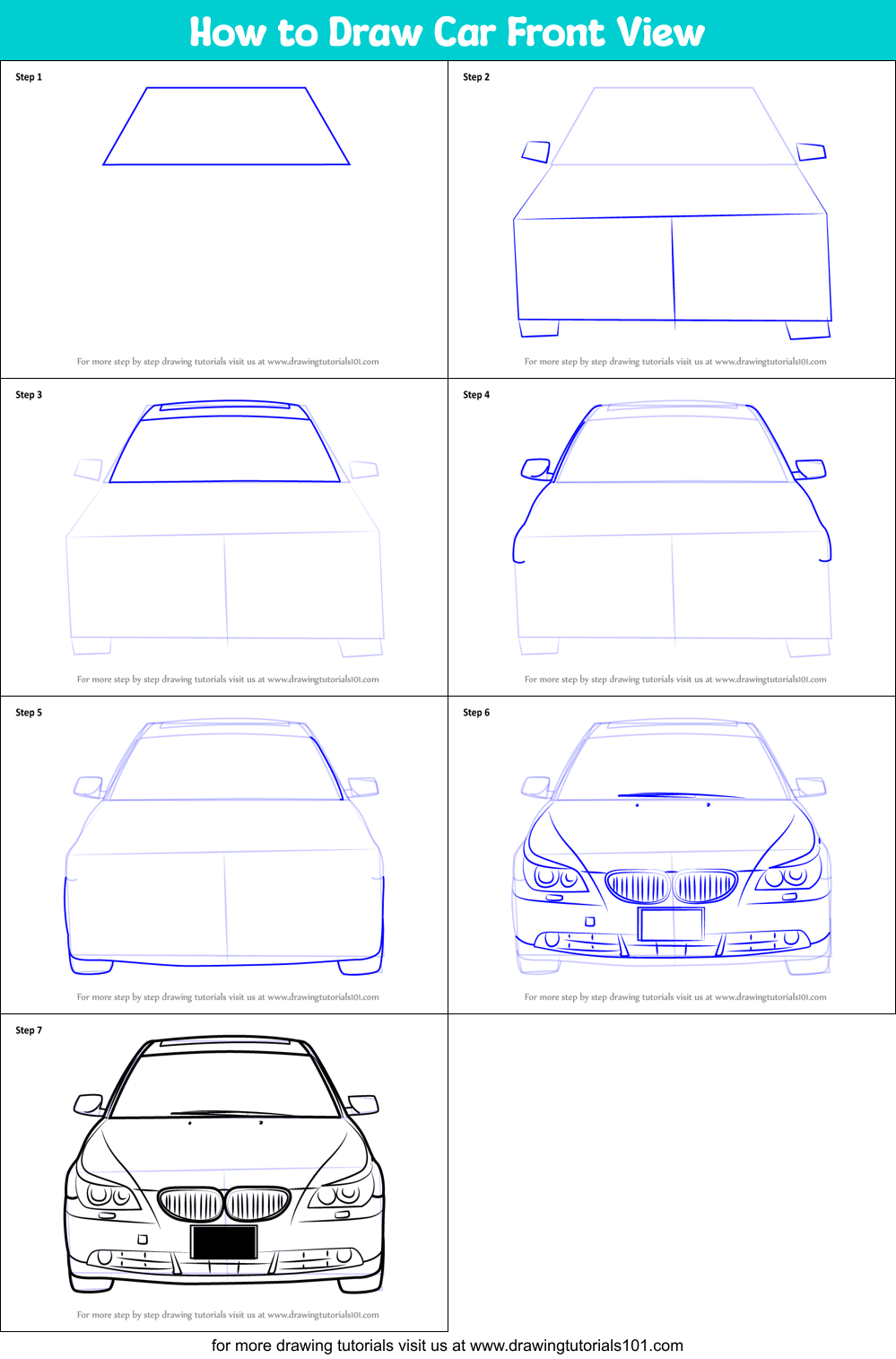How to Draw Car Front View printable step by step drawing sheet