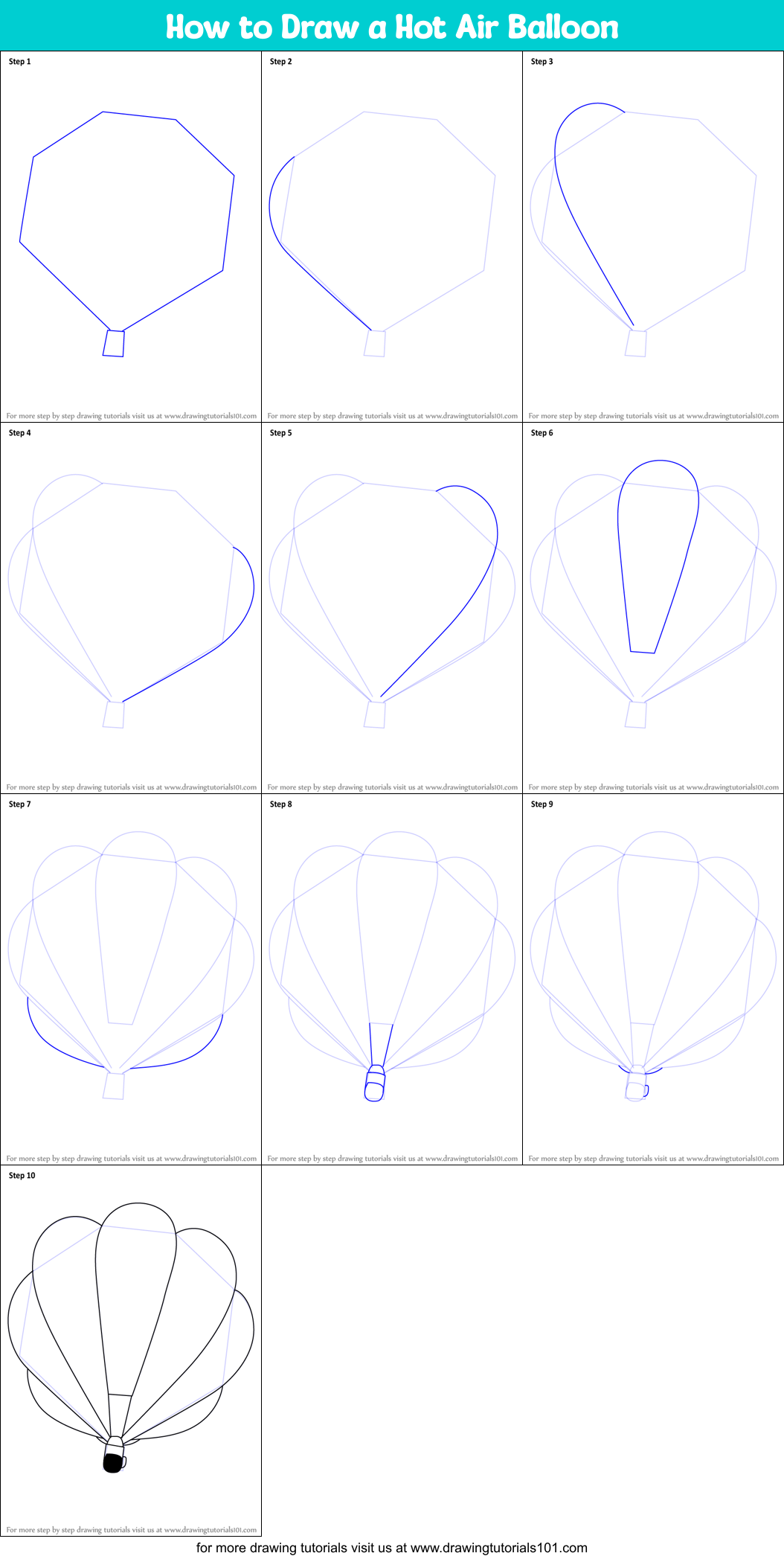 How to Draw a Hot Air Balloon Printable Step by Step