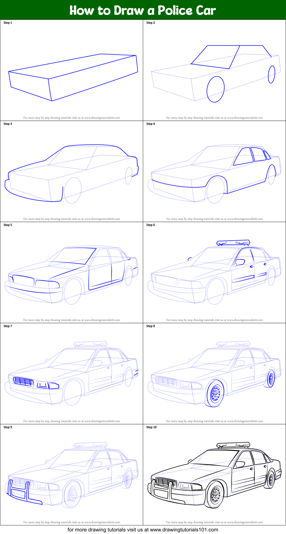 How to Draw a Police Car printable step by step drawing sheet
