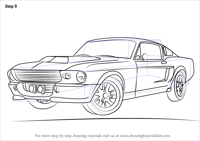How to draw Shelby GT500 Ford Mustang 2009 - Sketchok easy drawing guides