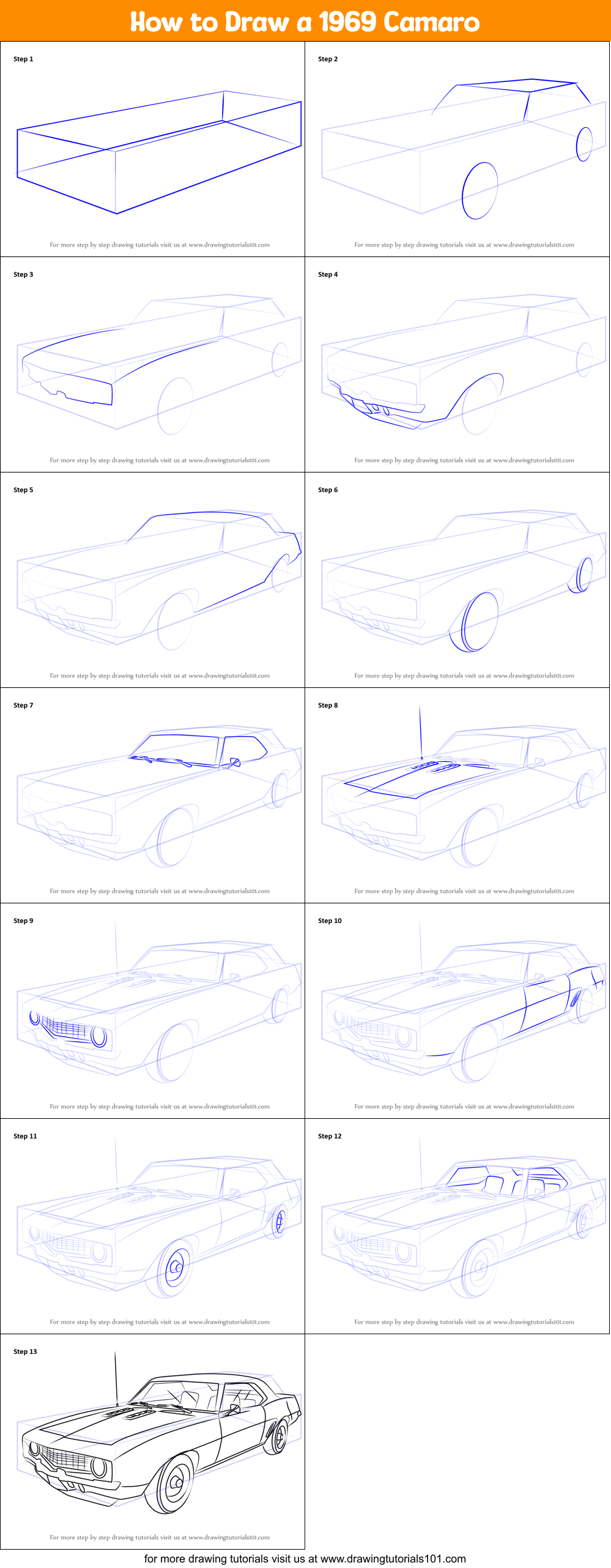 How to Draw a 1969 Camaro Printable Step by Step