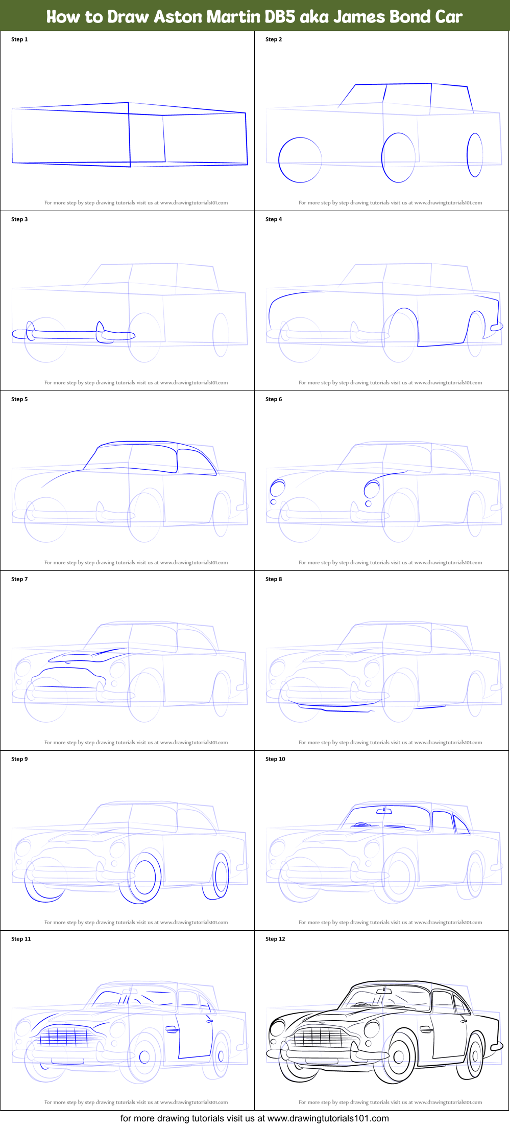 How to Draw Aston Martin DB5 aka James Bond Car Printable Step by Step