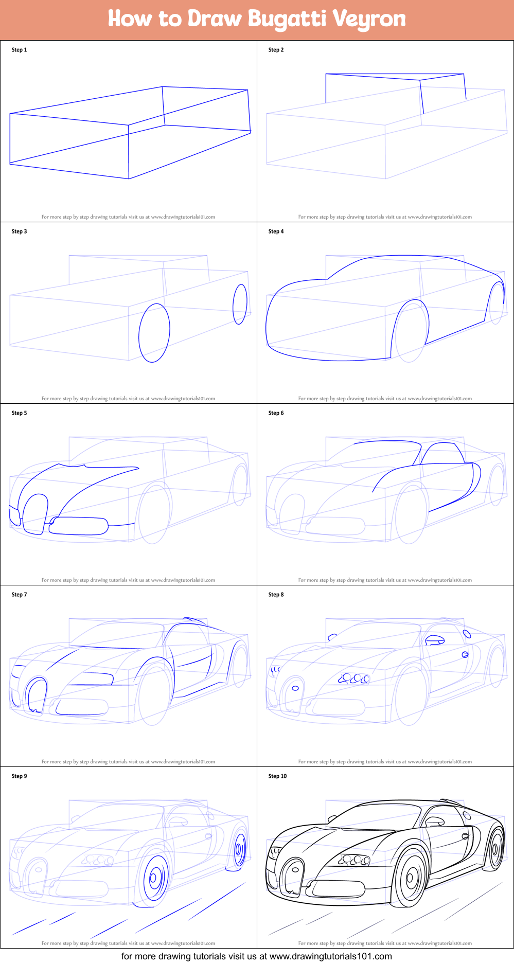 How to Draw Bugatti Veyron printable step by step drawing sheet