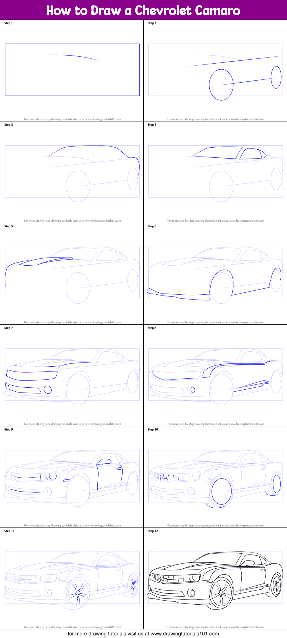 How to Draw a Chevrolet Camaro printable step by step drawing sheet