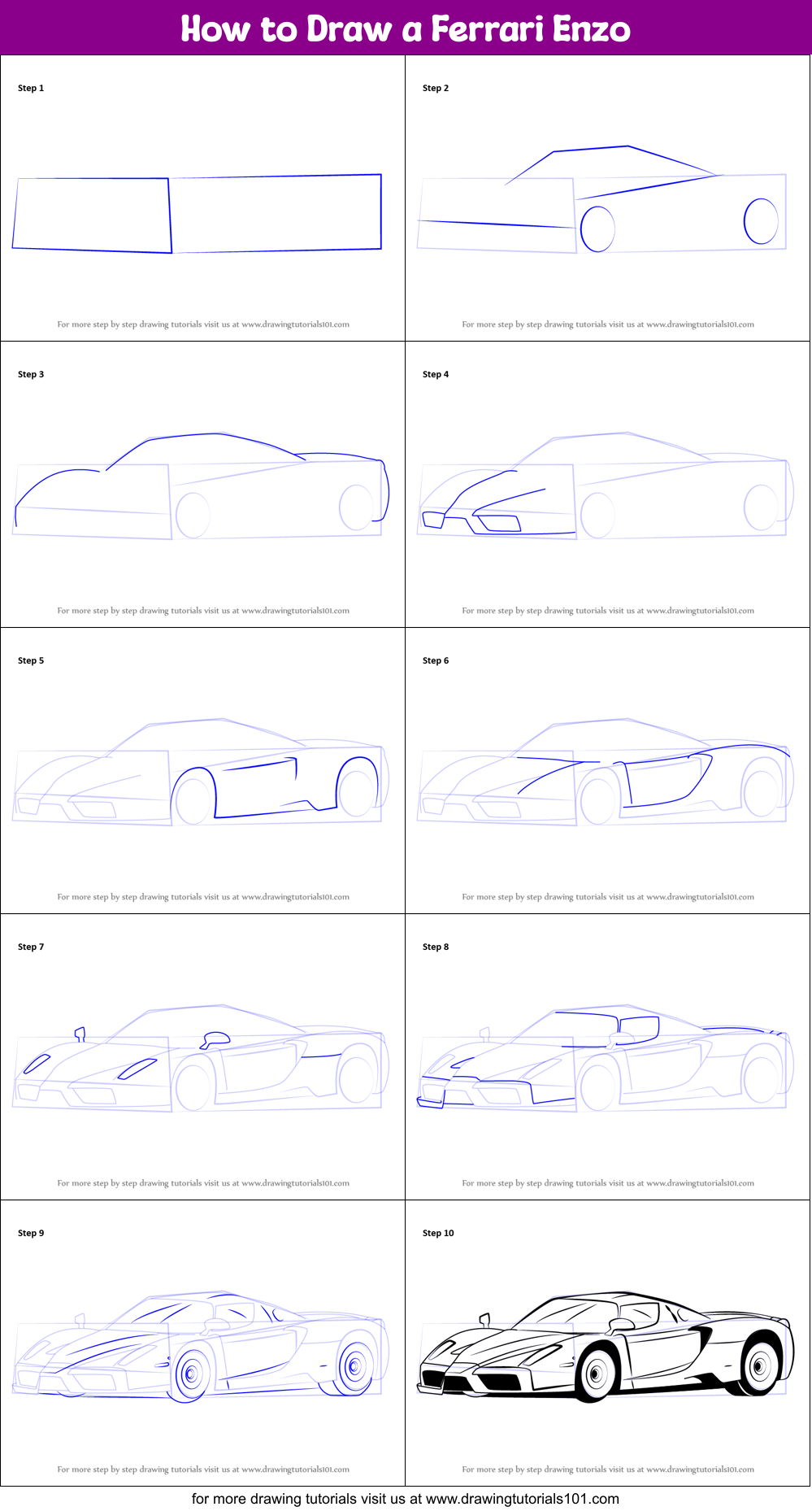 How to Draw a Ferrari Enzo printable step by step drawing sheet