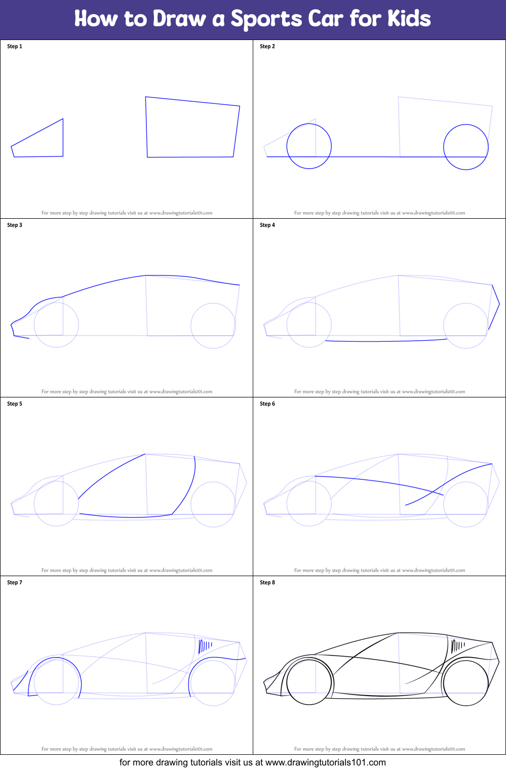 How To Draw A Sports Car For Kids Printable Step By Step