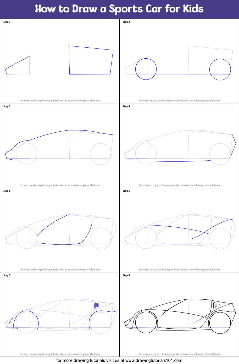 How to Draw a Sports Car for Kids Printable Step by Step