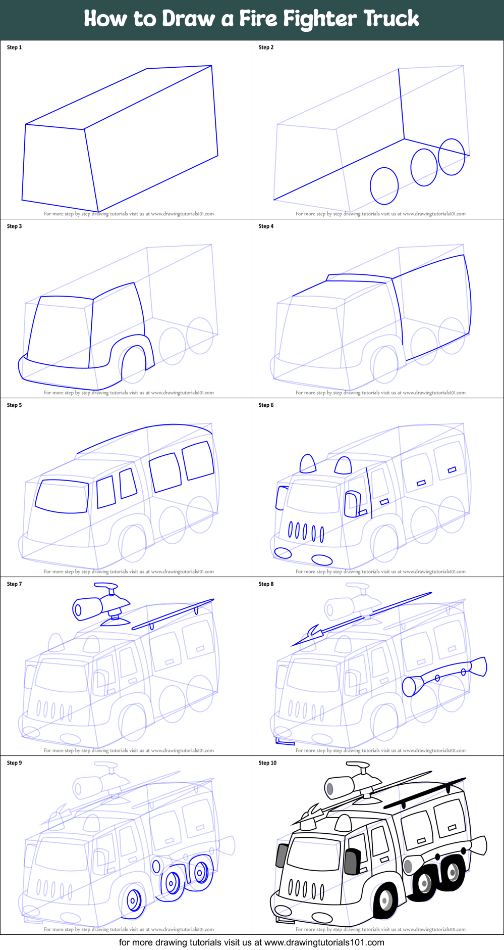 How to Draw a Fire Fighter Truck Printable Step by Step