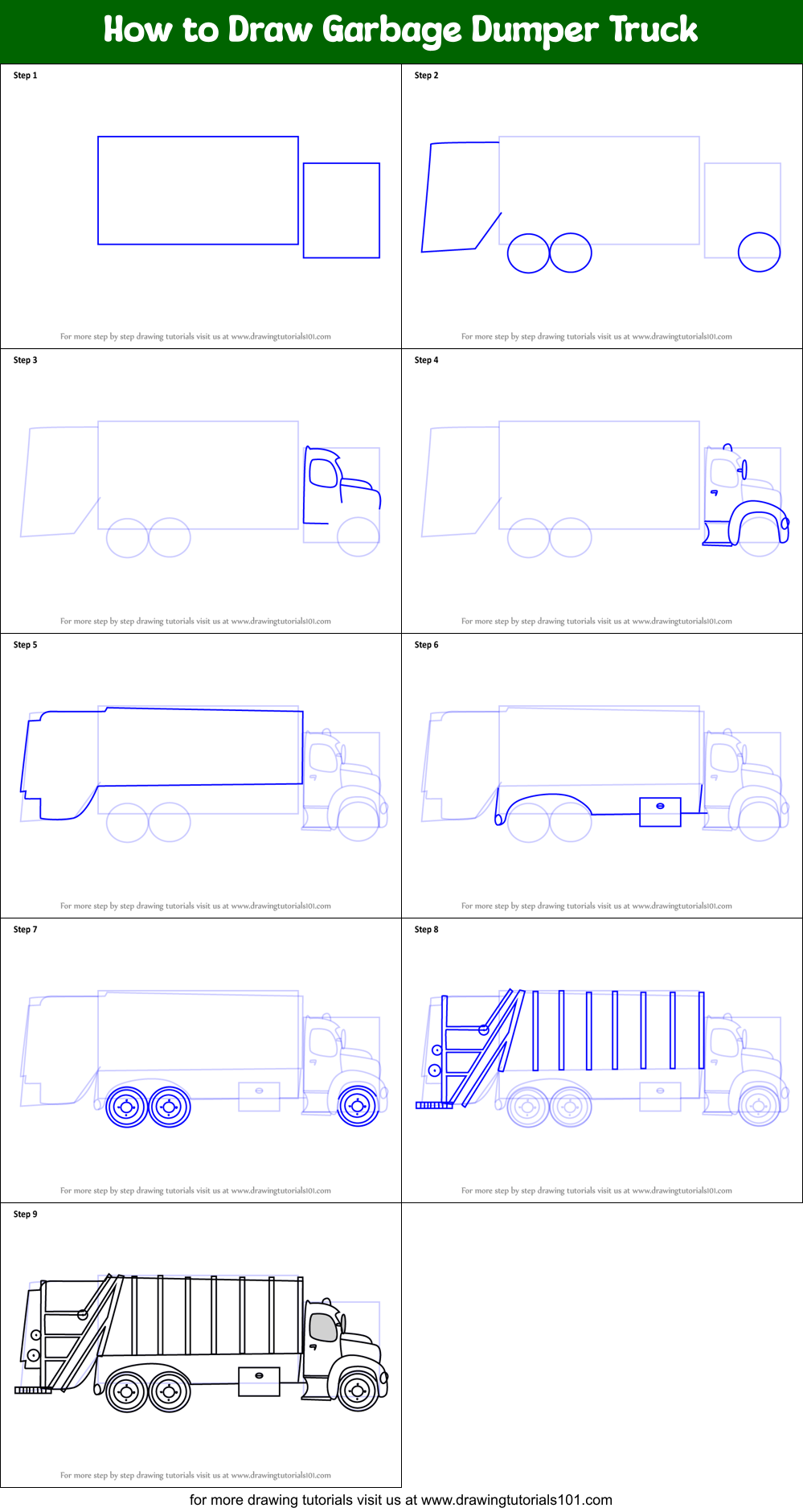 How to Draw Garbage Dumper Truck Printable Step by Step