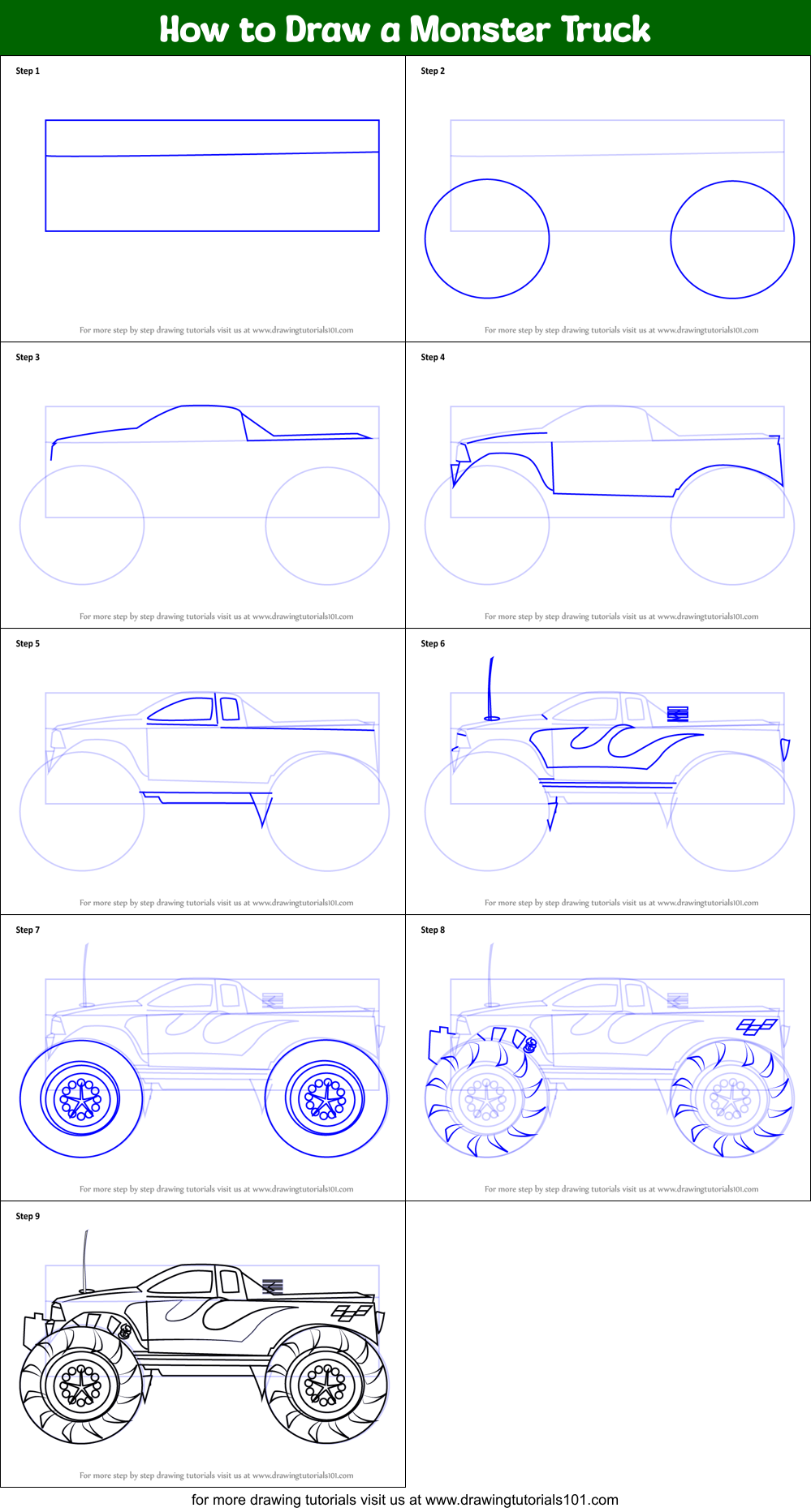 How to Draw a Monster Truck printable step by step drawing sheet