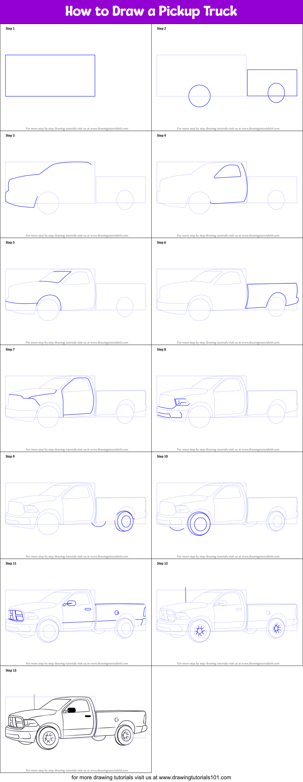 How to Draw a Pickup Truck printable step by step drawing sheet