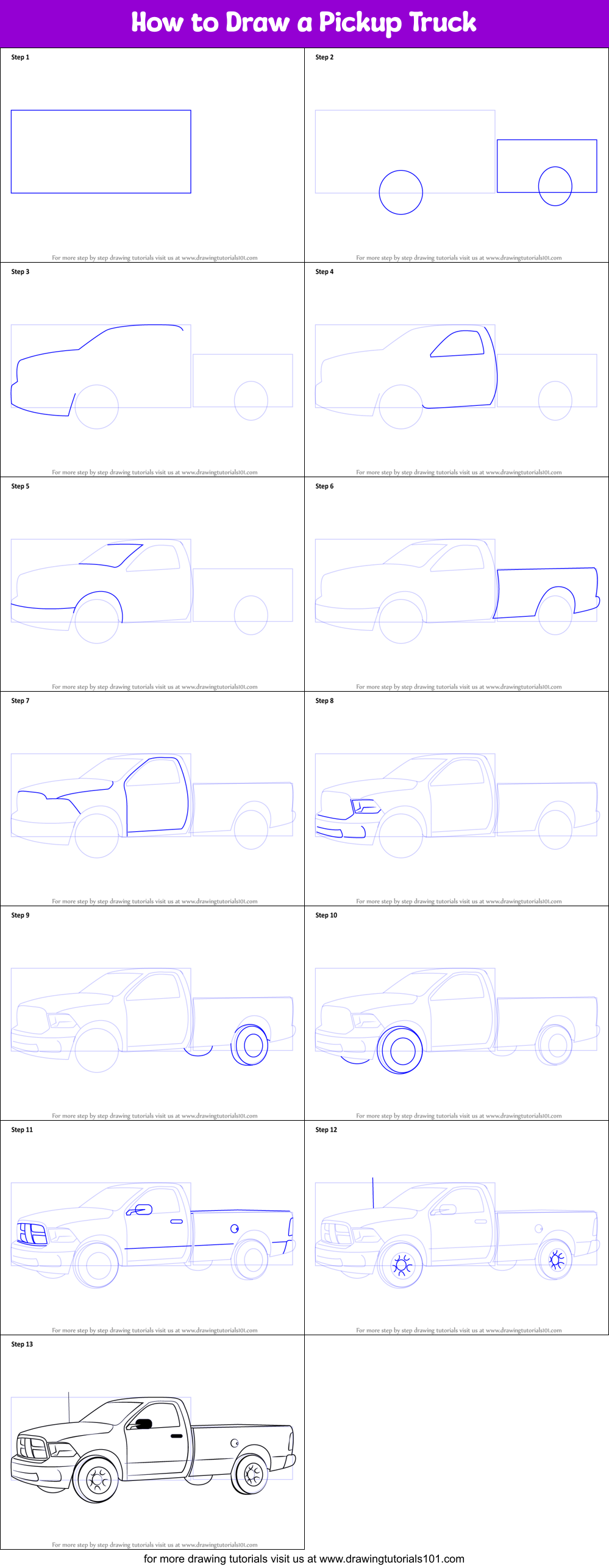 How to Draw a Pickup Truck Printable Step by Step