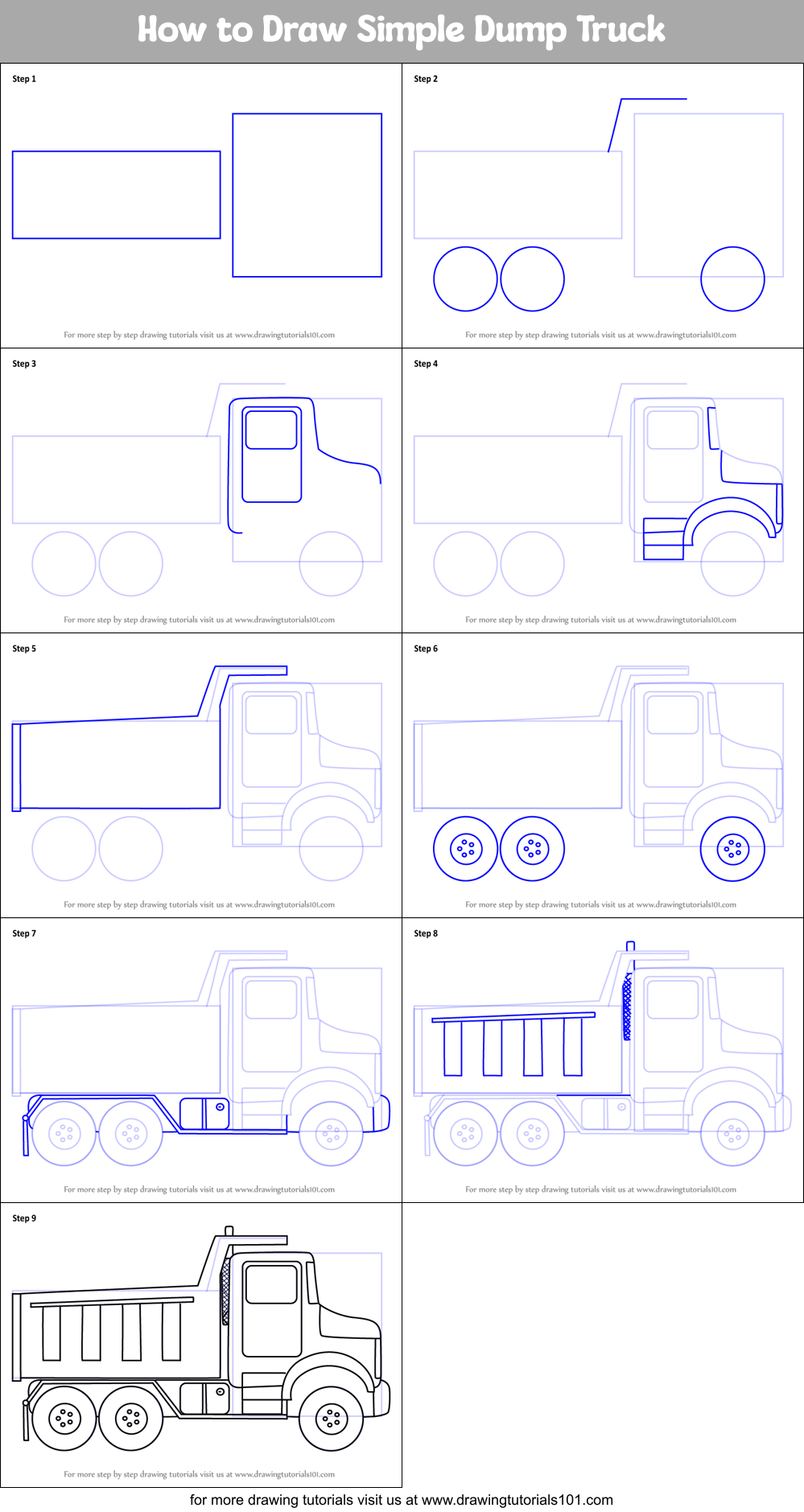 How to Draw Simple Dump Truck printable step by step drawing sheet