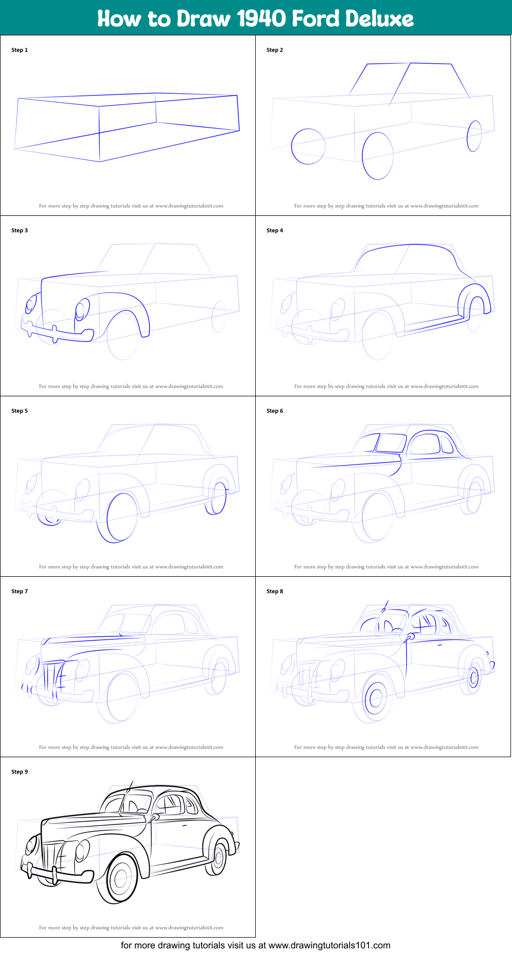 How to Draw 1940 Ford Deluxe Printable Step by Step