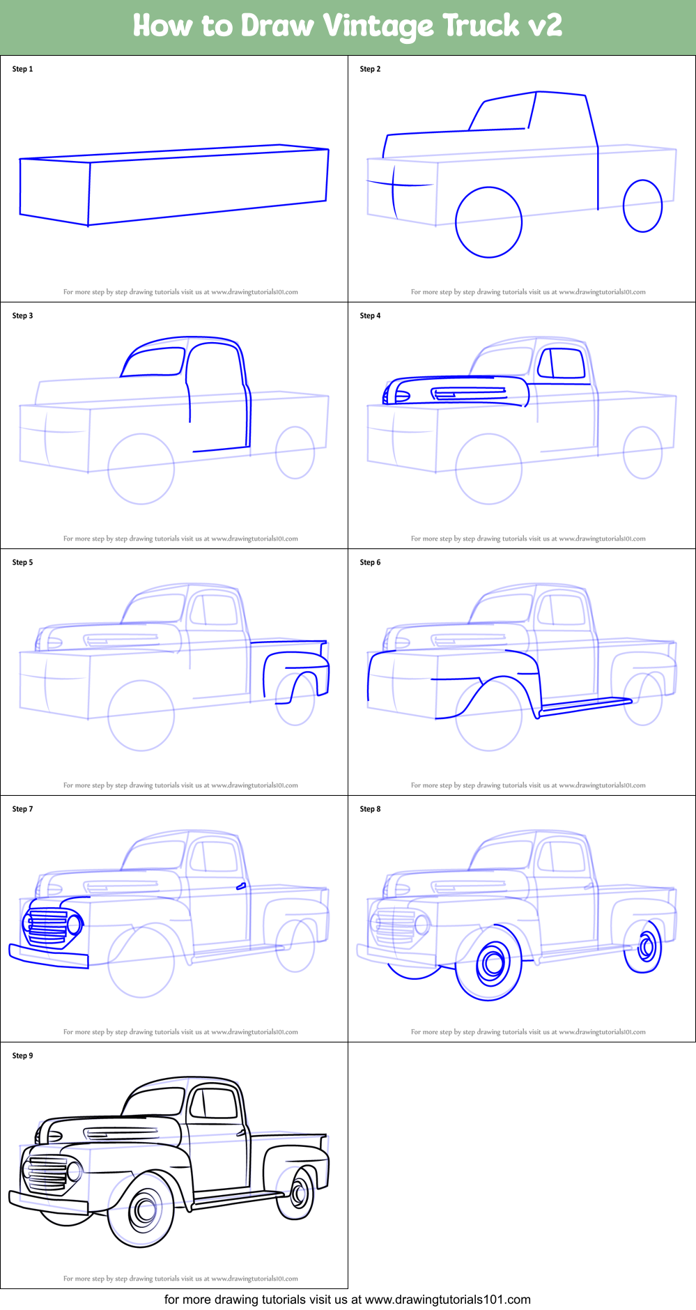 How to Draw Vintage Truck v2 printable step by step drawing sheet