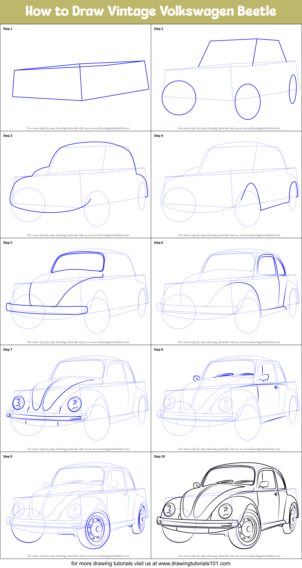 How to Draw Vintage  Volkswagen Beetle printable step by 