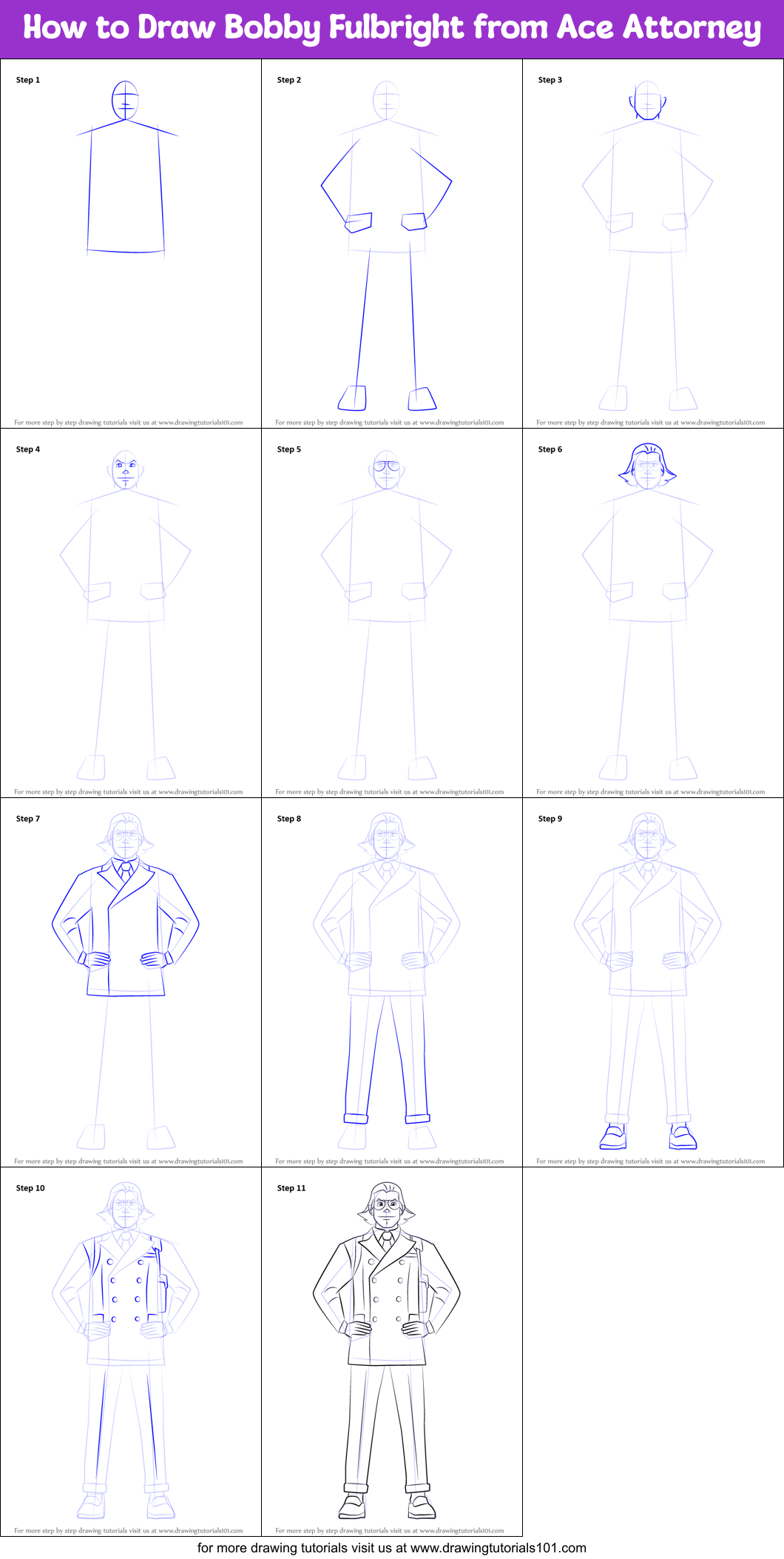 How to Draw Bobby Fulbright from Ace Attorney Printable Step by Step