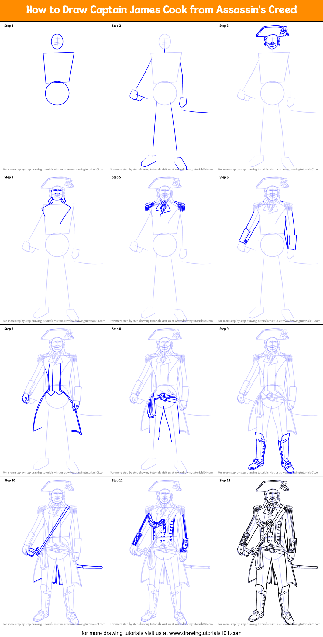How to Draw Captain James Cook from Assassin's Creed Printable Step by Step