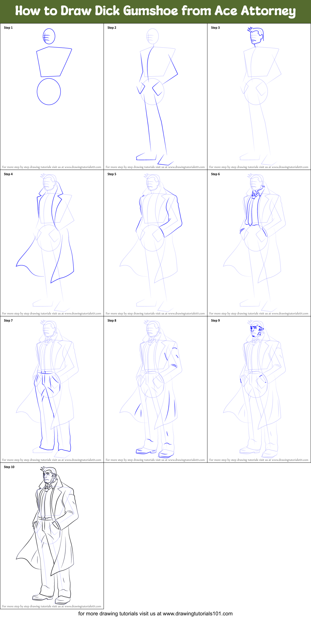 How to Draw Dick Gumshoe from Ace Attorney Printable Step by Step