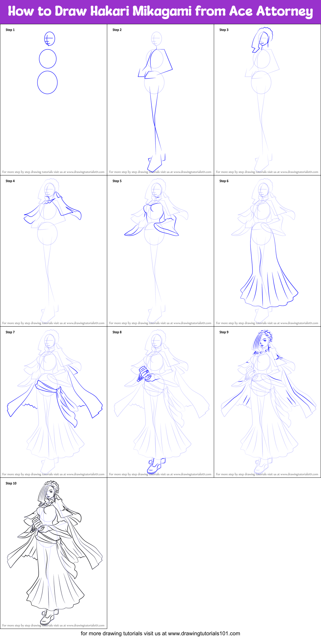 How to Draw Hakari Mikagami from Ace Attorney Printable Step by Step