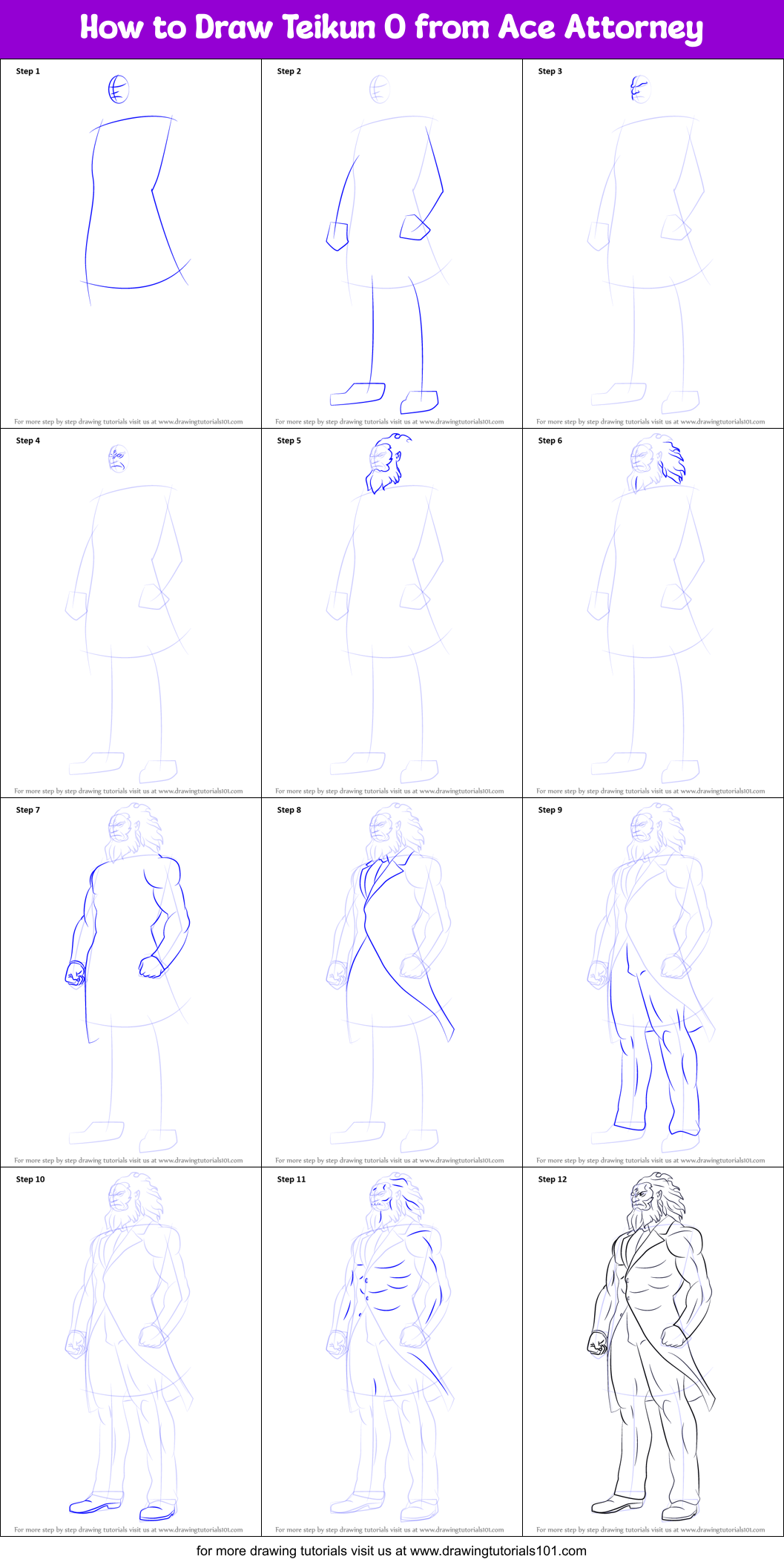 How to Draw Teikun O from Ace Attorney printable step by step drawing