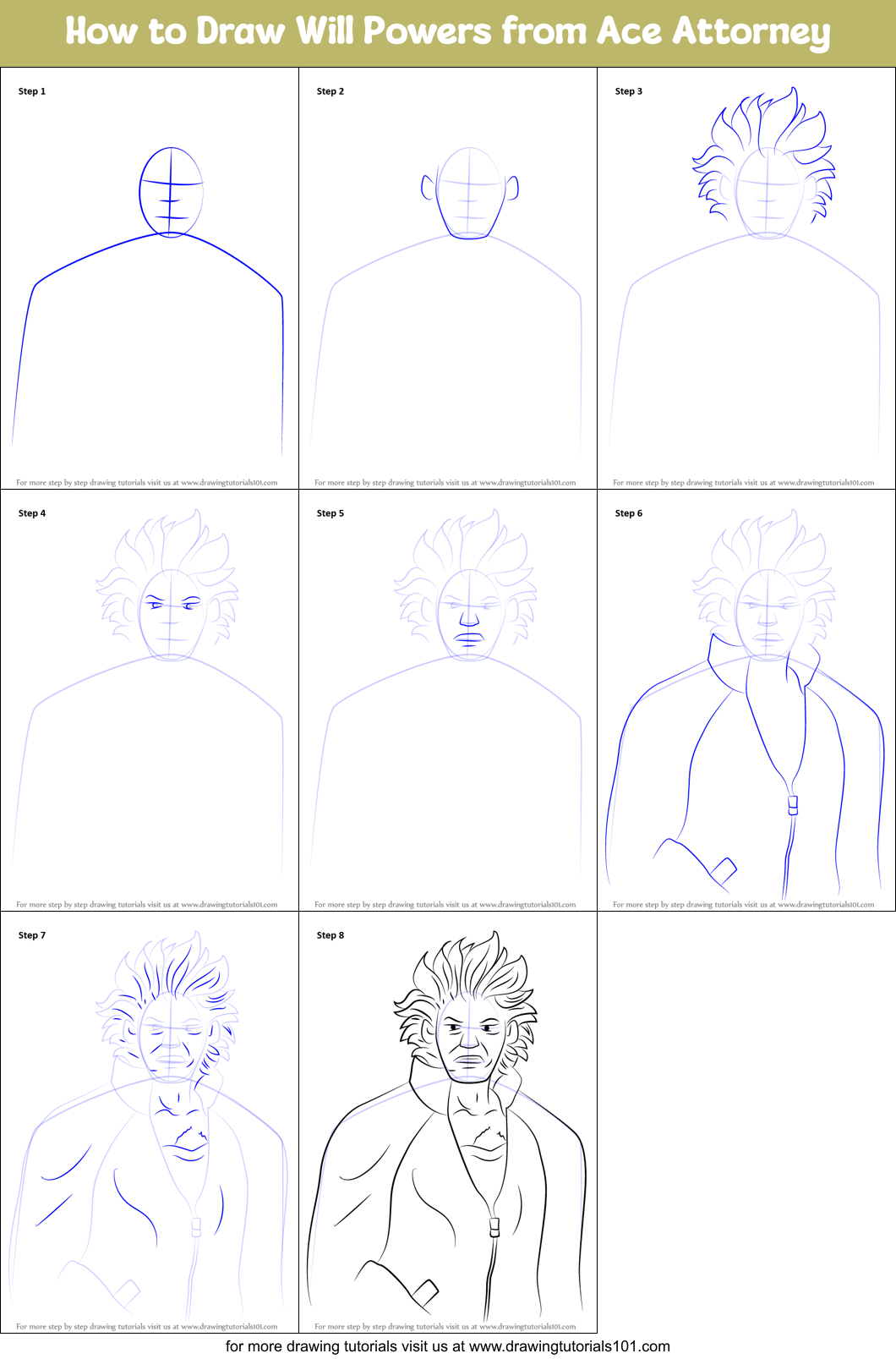 How to Draw Will Powers from Ace Attorney Printable Step by Step