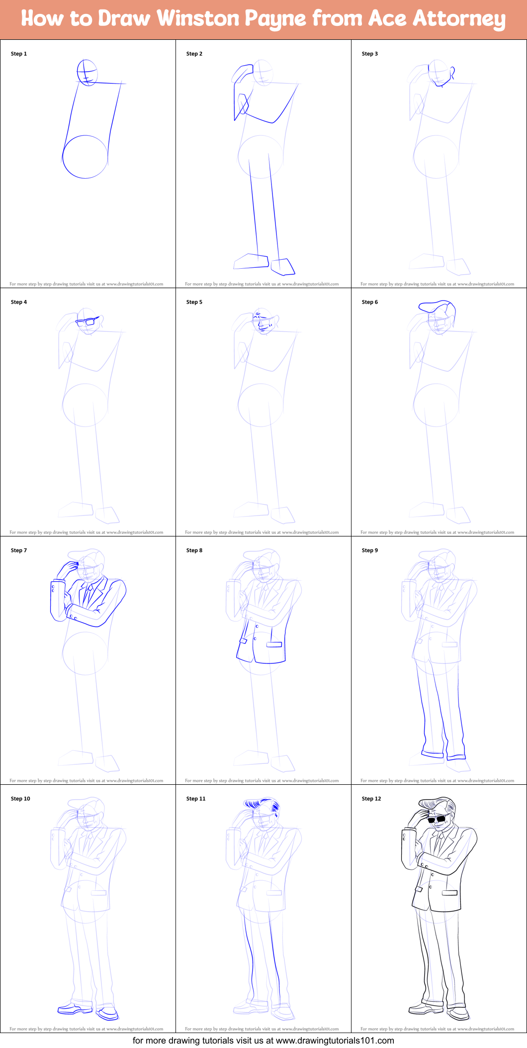 How to Draw Winston Payne from Ace Attorney Printable Step by Step