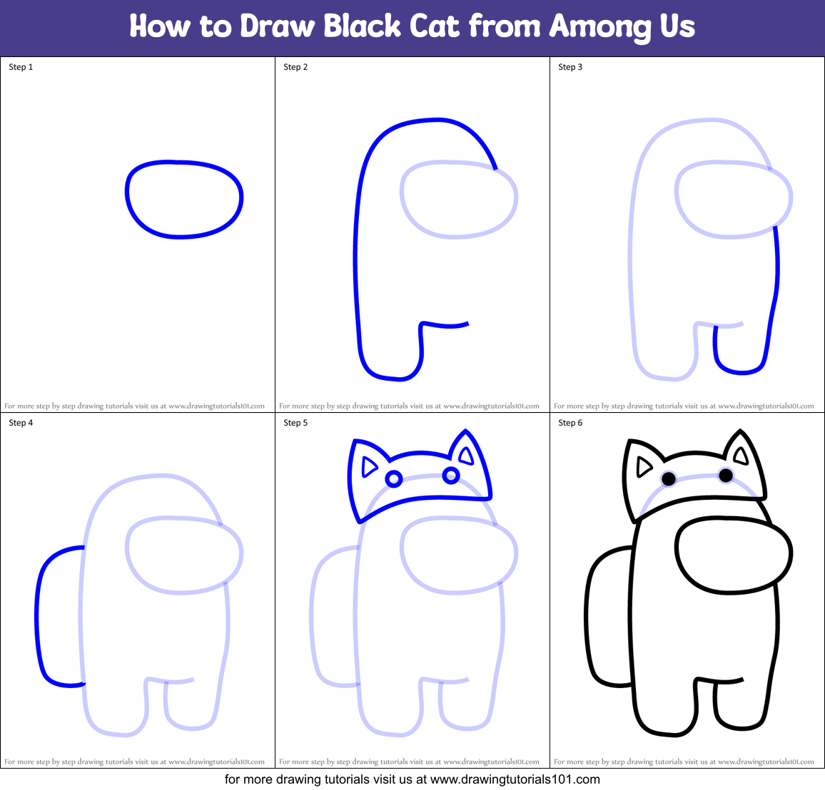 How to Draw Black Cat from Among Us Printable Step by Step